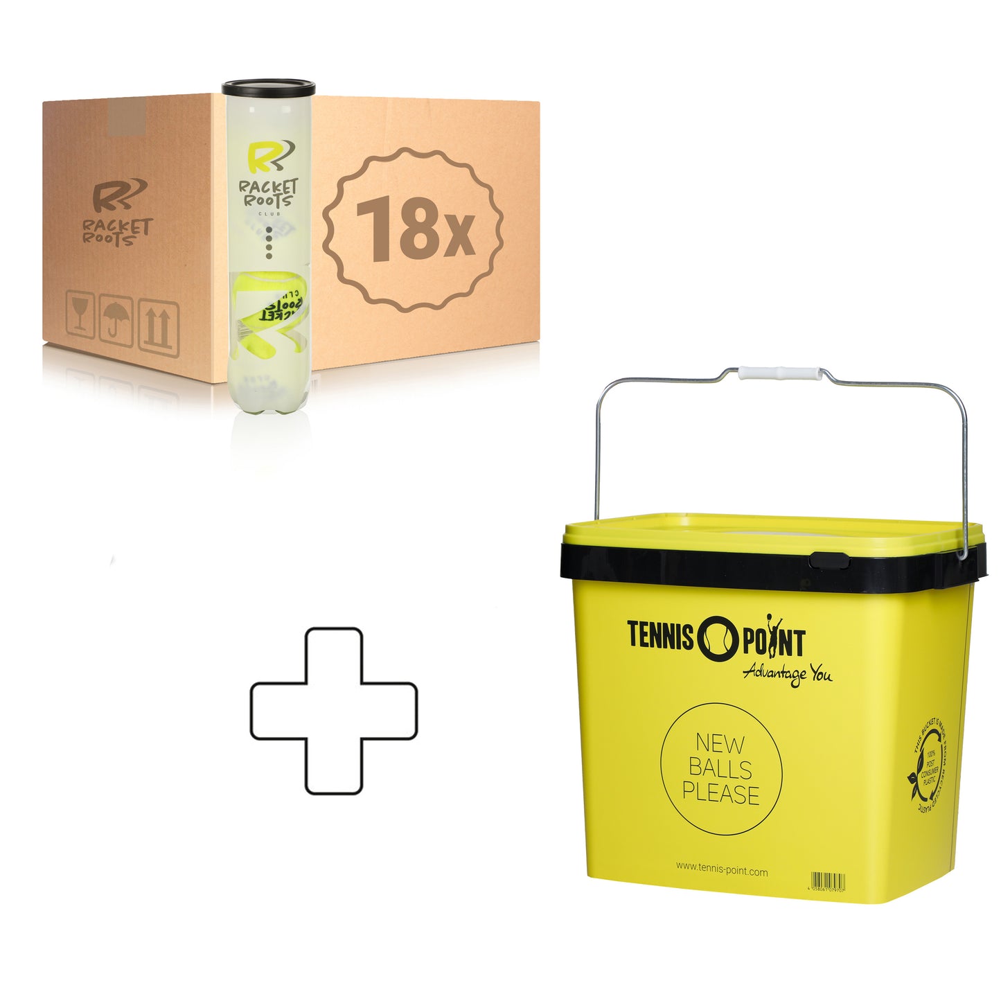 Racket Roots 18x dåse med 4 Club Tennisball Plus boldspand Racket Roots 18x dåse med 4 Club Tennisball Plus boldspand