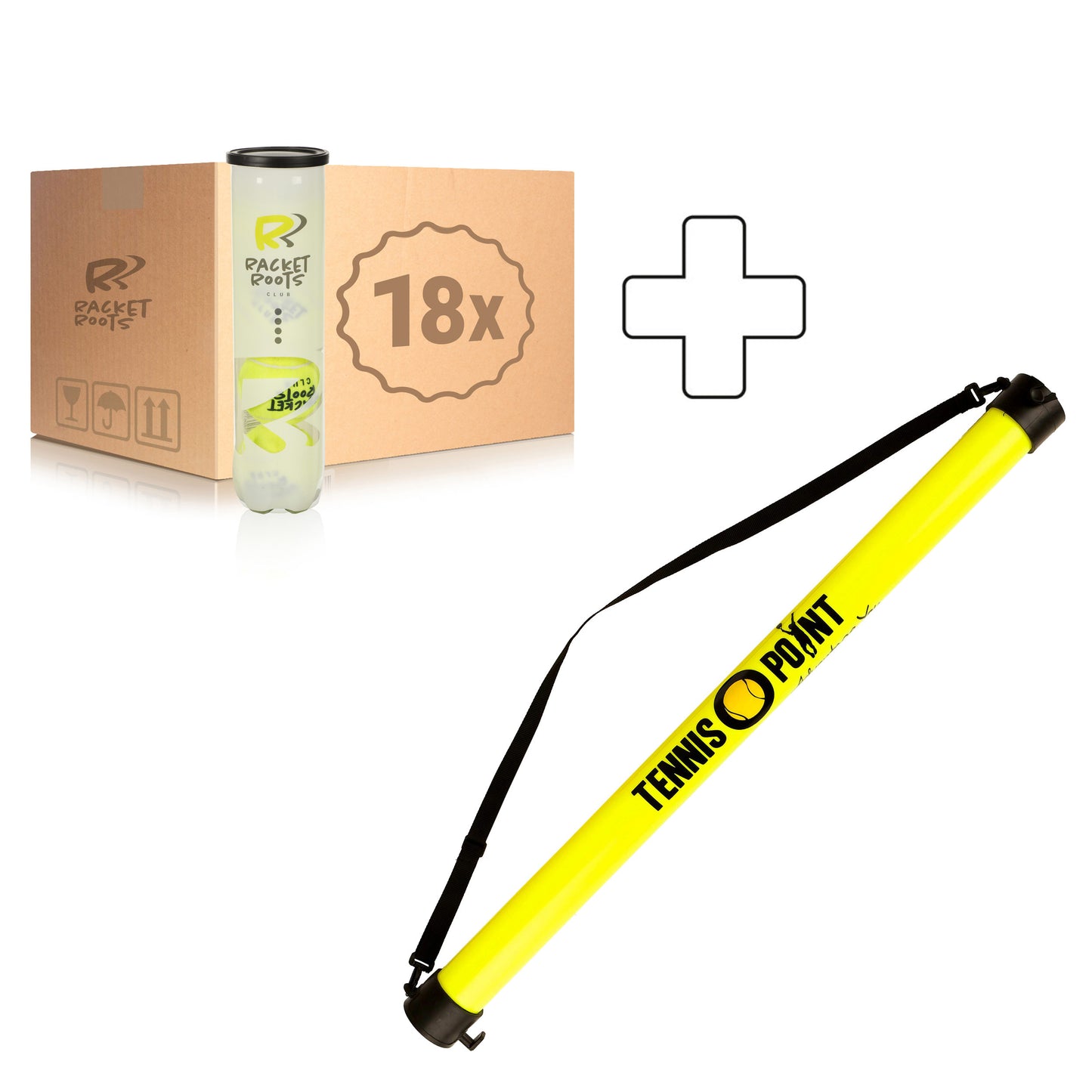 Racket Roots 18x dåse med 4 Club Tennisball Plus boldsamlerør Racket Roots 18x dåse med 4 Club Tennisball Plus boldsamlerør