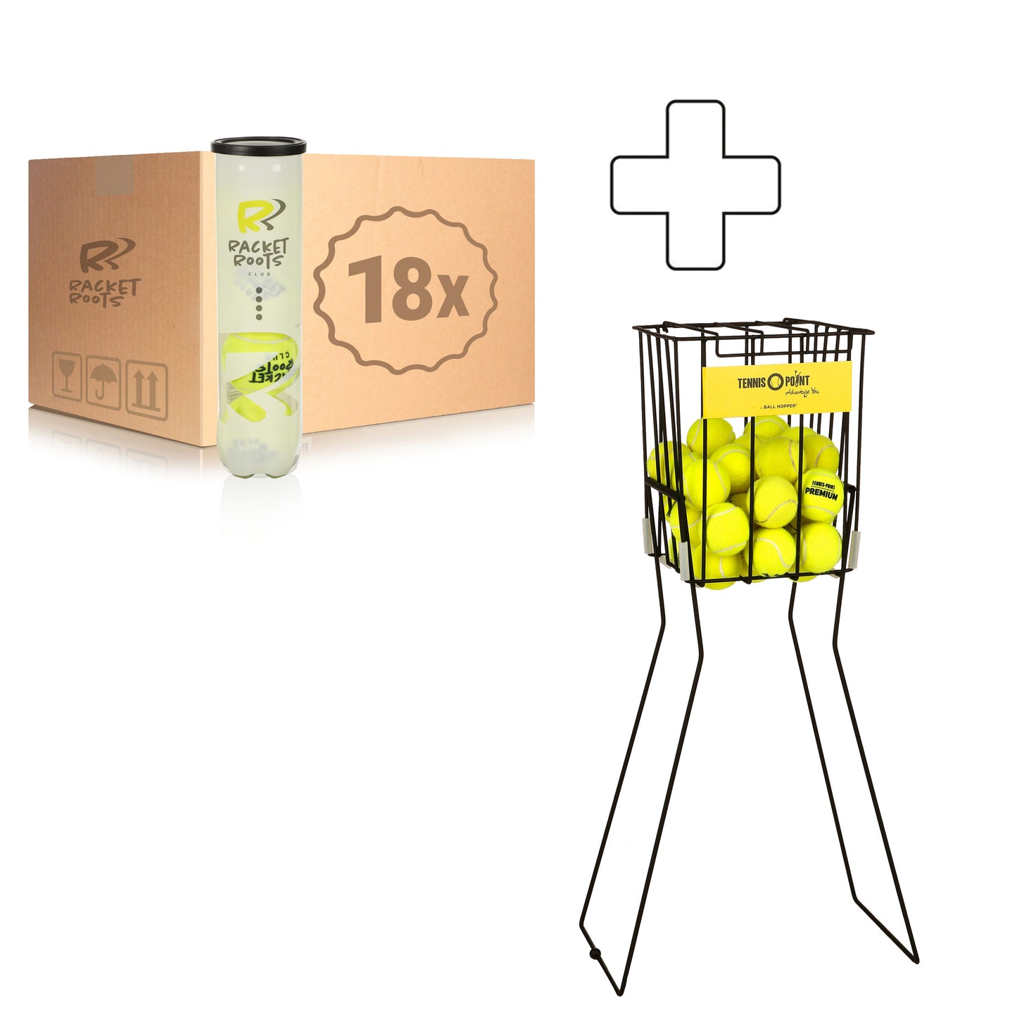 Racket Roots 18x dåse med 4 Club Tennisball Plus boldkurv Racket Roots 18x dåse med 4 Club Tennisball Plus boldkurv